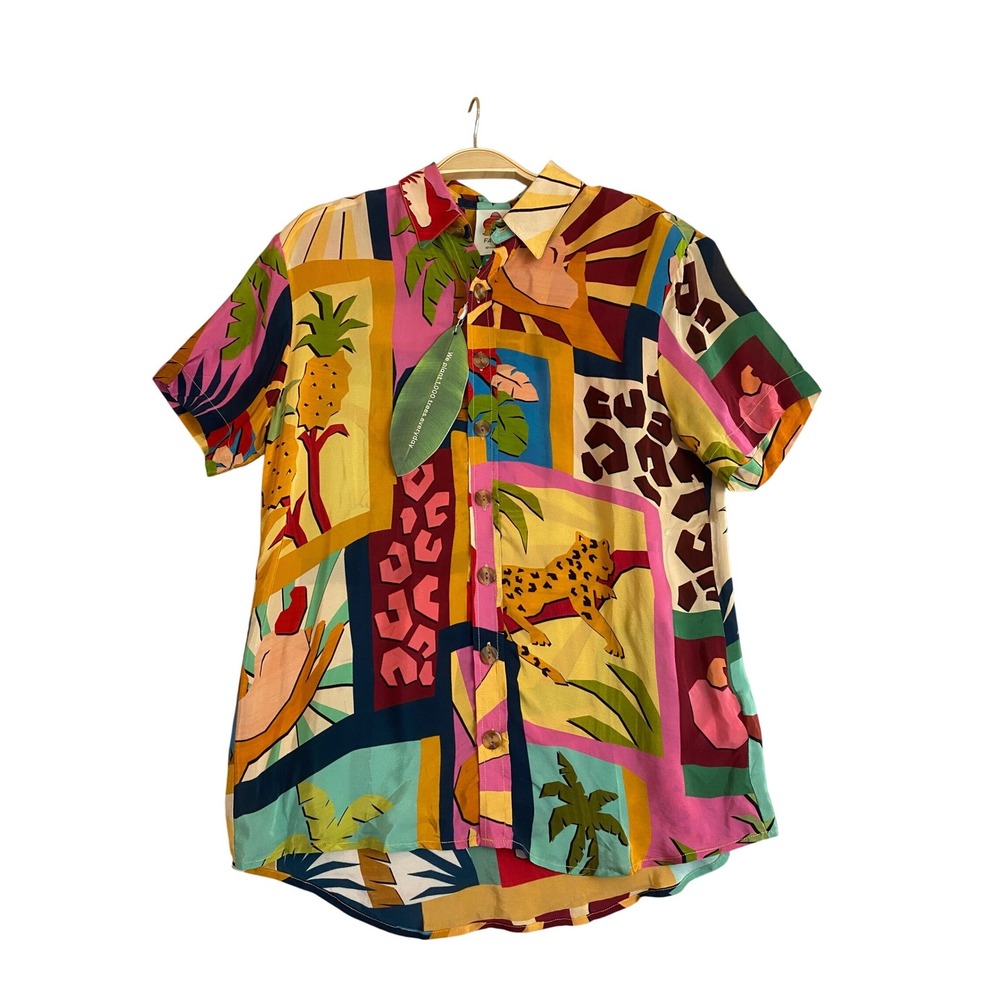 Farm Rio Tropical Collage Pajama Shirt Men XS Button Up Festival Resortwear NWT